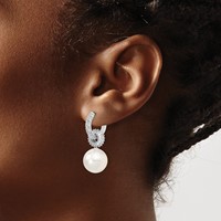 Sterling Silver Rhodium-plated 12-13mm White Shell Pearl Dangle Endless CZ Hoop Earrings view 3