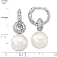 Sterling Silver Rhodium-plated 12-13mm White Shell Pearl Dangle Endless CZ Hoop Earrings view 4
