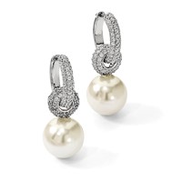 Sterling Silver Rhodium-plated 12-13mm White Shell Pearl Dangle Endless CZ Hoop Earrings view 5