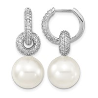 Sterling Silver Rhodium-plated 12-13mm White Shell Pearl Dangle Endless CZ Hoop Earrings view 1