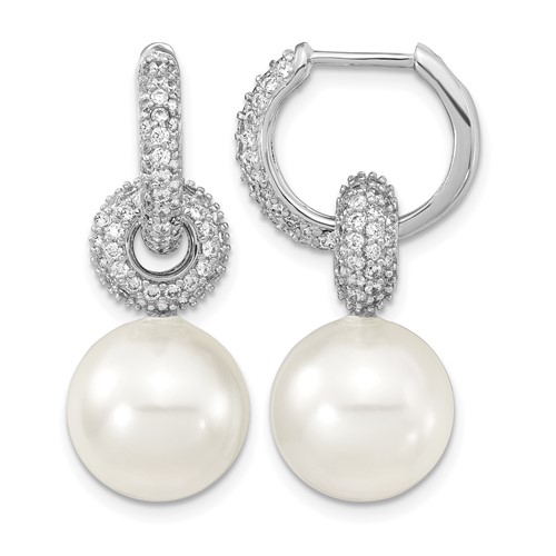 Sterling Silver Rhodium-plated 12-13mm White Shell Pearl Dangle Endless CZ Hoop Earrings