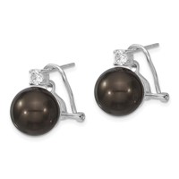 Majestik Sterling Silver Rhodium-plated 12-13mm Black Imitation Shell Pearl and CZ Omega Back Earrings view 2