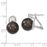 Majestik Sterling Silver Rhodium-plated 12-13mm Black Imitation Shell Pearl and CZ Omega Back Earrings view 4
