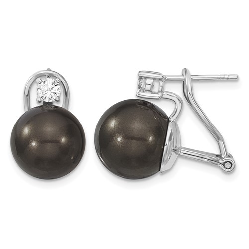 Majestik Sterling Silver Rhodium-plated 12-13mm Black Imitation Shell Pearl and CZ Omega Back Earrings