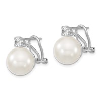 Sterling Silver Rhodium-plated 12-13mm White Shell Pearl and Clear CZ Omega Back Post Earrings view 2