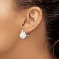 Sterling Silver Rhodium-plated 12-13mm White Shell Pearl and Clear CZ Omega Back Post Earrings view 3
