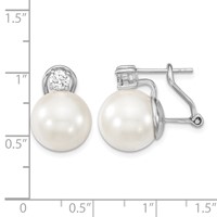 Sterling Silver Rhodium-plated 12-13mm White Shell Pearl and Clear CZ Omega Back Post Earrings view 4