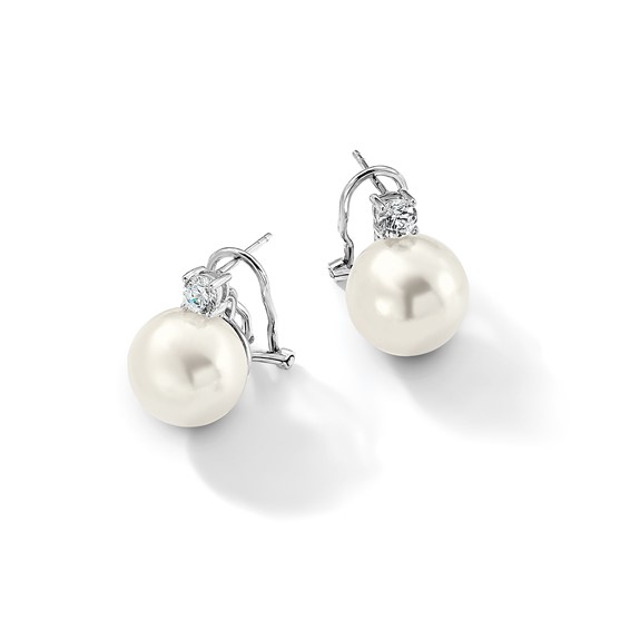 Majestik Sterling Silver Rhodium-plated 12-13mm White Shell Imitation Pearl and Clear CZ Omega Back Post Earrings
