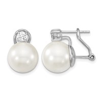 Sterling Silver Rhodium-plated 12-13mm White Shell Pearl and Clear CZ Omega Back Post Earrings view 1
