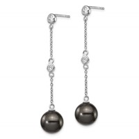 Majestik Sterling Silver Rhodium-plated CZ Bezel and 10-11mm Black Imitation Shell Pearl Post Dangle Earrings view 2