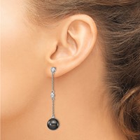 Majestik Sterling Silver Rhodium-plated CZ Bezel and 10-11mm Black Imitation Shell Pearl Post Dangle Earrings view 3