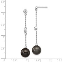Majestik Sterling Silver Rhodium-plated CZ Bezel and 10-11mm Black Imitation Shell Pearl Post Dangle Earrings view 4