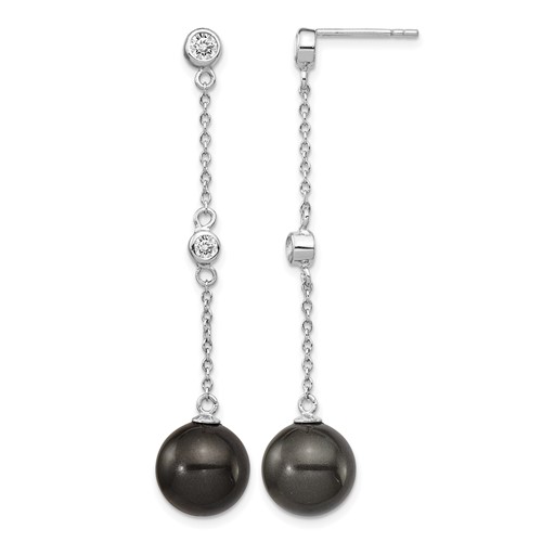 Majestik Sterling Silver Rhodium-plated CZ Bezel and 10-11mm Black Imitation Shell Pearl Post Dangle Earrings