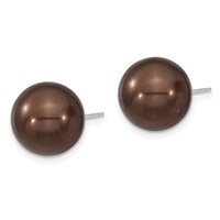 Majestik Sterling Silver Rhodium-plated 12-13mm Brown Imitation Shell Pearl Stud Earrings view 2