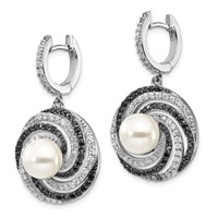 Sterling Silver Majestik Rhod-plated 8-9mm Shell Blk and Wht CZ Earrings view 2