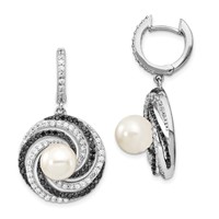 Sterling Silver Majestik Rhod-plated 8-9mm Shell Blk and Wht CZ Earrings view 1