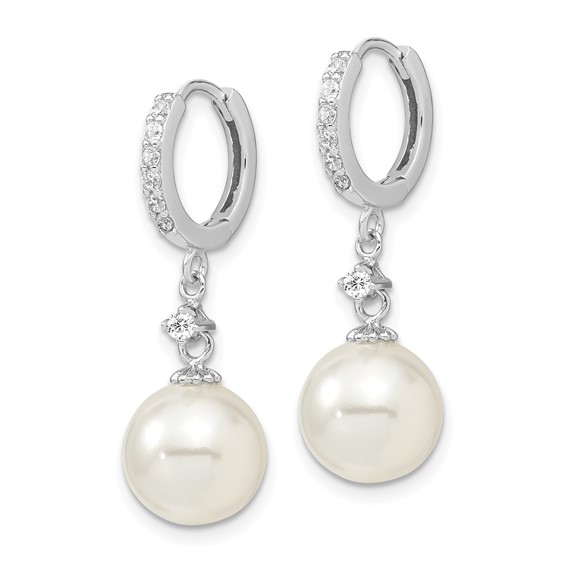 Majestic Sterling Silver Rhodium-plated 10-11mm White Imitation Shell Pearl CZ Hinged Hoop Dangle Earrings