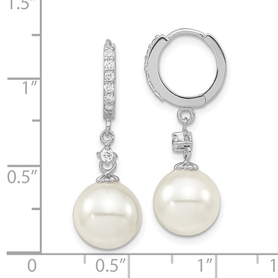 Majestic Sterling Silver Rhodium-plated 10-11mm White Imitation Shell Pearl CZ Hinged Hoop Dangle Earrings