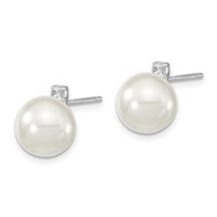 Majestik Sterling Silver Rhodium-plated 8-9mm White Imitation Shell Pearl and CZ Post Earrings view 2