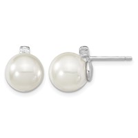 Majestik Sterling Silver Rhodium-plated 8-9mm White Imitation Shell Pearl and CZ Post Earrings view 1