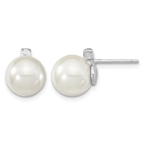 Majestik Sterling Silver Rhodium-plated 8-9mm White Imitation Shell Pearl and CZ Post Earrings