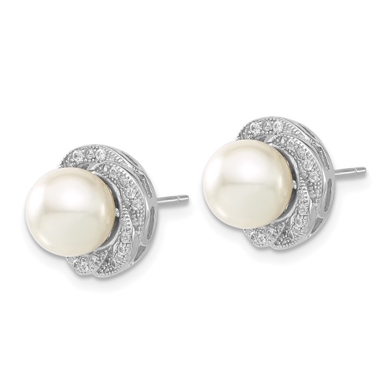 Sterling Silver Majestik 8-9mm White Shell Bead & CZ Post Earrings