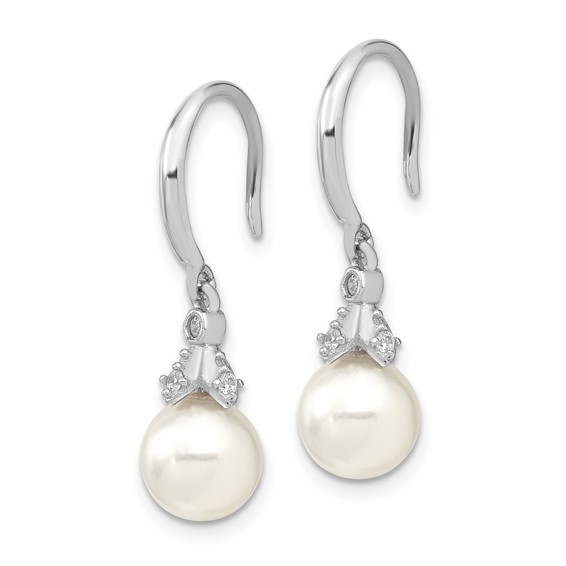 Majestic Sterling Silver Rhodium-plated 8-9mm White Imitation Shell Pearl CZ Dangle Earrings