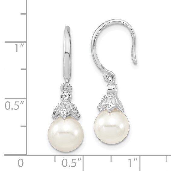 Majestic Sterling Silver Rhodium-plated 8-9mm White Imitation Shell Pearl CZ Dangle Earrings