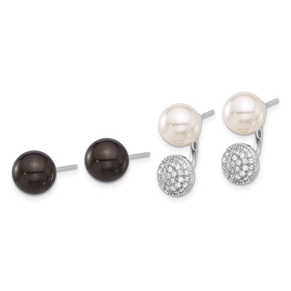 SterlingS Majestik RH-pl 8-9mm Wht/Blk Imit Shell Pearl CZ Post Earring Set