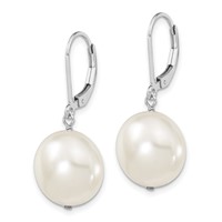 Majestik Sterling Silver Rhodium-plated 14-15mm Coin White Imitation Shell Pearl Leverback Dangle Earrings view 2