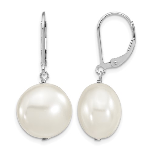 Majestik Sterling Silver Rhodium-plated 14-15mm Coin White Imitation Shell Pearl Leverback Dangle Earrings
