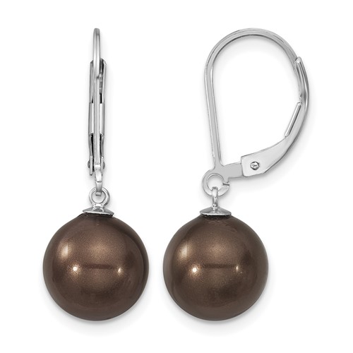 Majestik Sterling Silver Rhodium-plated 10-11mm Brown Imitation Shell Pearl Leverback Dangle Earrings