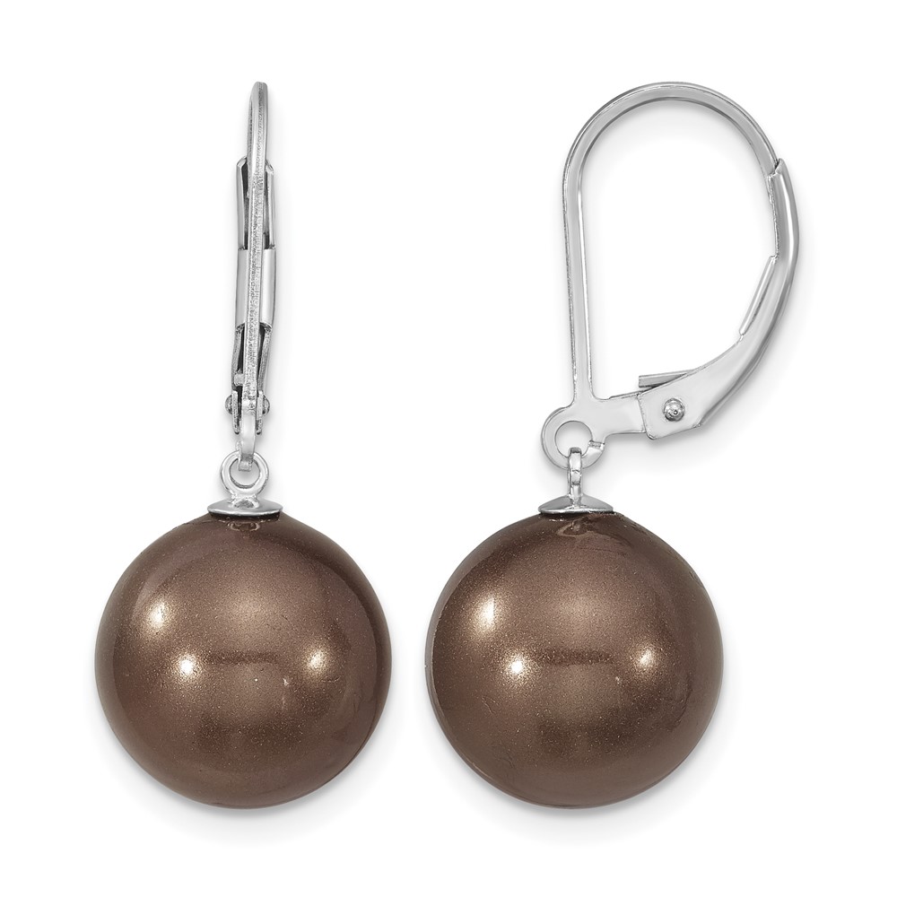 Majestik Sterling Silver Rhodium-plated 12-13mm Brown Imitation Shell Pearl Leverback Dangle Earrings