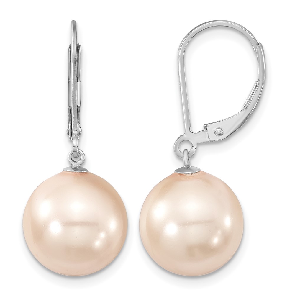 Majestik Sterling Silver Rhodium-plated 12-13mm Pink Imitation Shell Pearl Leverback Dangle Earring