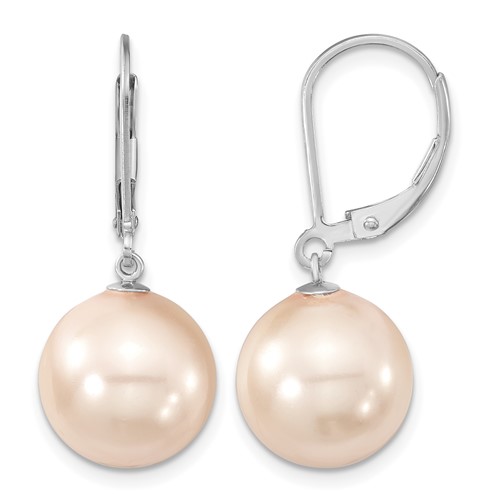 Majestik Sterling Silver Rhodium-plated 12-13mm Pink Imitation Shell Pearl Leverback Dangle Earring