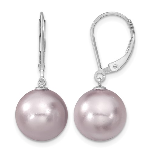 Majestik Sterling Silver Rhodium-plated 12-13mm Purple Imitation Shell Pearl Leverback Dangle Earrings