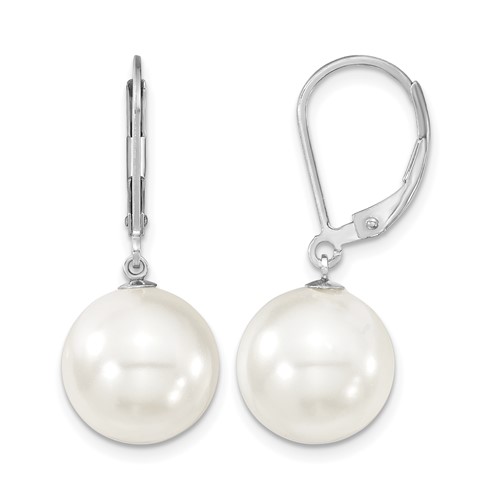 Majestik Sterling Silver Rhodium-plated 12-13mm White Imitation Shell Pearl Leverback Dangle Earrings