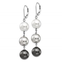 Majestik Sterling Silver Rhodium-plated 10-11mm White Grey and Black Imitation Shell Pearl Dangle Earrings view 2