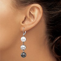 Majestik Sterling Silver Rhodium-plated 10-11mm White Grey and Black Imitation Shell Pearl Dangle Earrings view 3