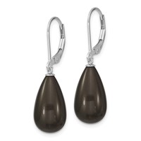 Majestik Sterling Silver Rhodium-plated 10x 18mm Teardrop Black Imitation Shell Pearl Leverback Dangle Earrings view 2