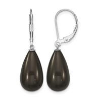 Majestik Sterling Silver Rhodium-plated 10x 18mm Teardrop Black Imitation Shell Pearl Leverback Dangle Earrings view 1