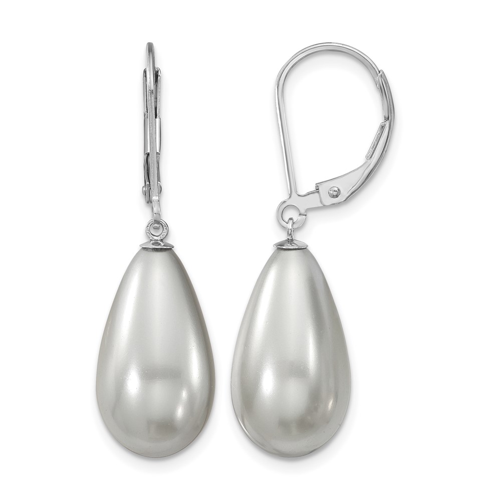 Majestik Sterling Silver Rhodium-plated 10x 18mm Teardrop Grey Imitation Shell Pearl Leverback Dangle Earrings