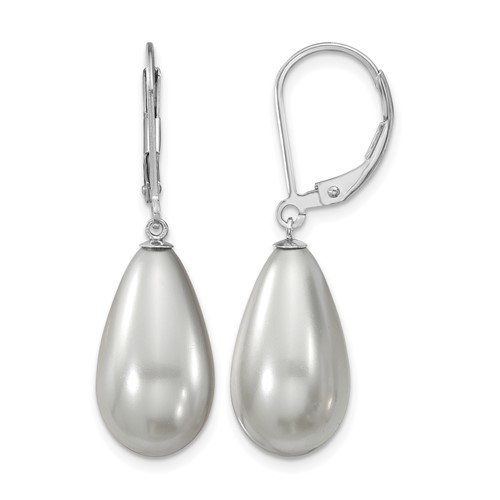 Majestik Sterling Silver Rhodium-plated 10x 18mm Teardrop Grey Imitation Shell Pearl Leverback Dangle Earrings