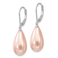 Majestik Sterling Silver Rhodium-plated 10x 18mm Teardrop Pink Imitation Shell Pearl Leverback Dangle Earrings view 2