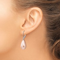 Majestik Sterling Silver Rhodium-plated 10x 18mm Teardrop Pink Imitation Shell Pearl Leverback Dangle Earrings view 3