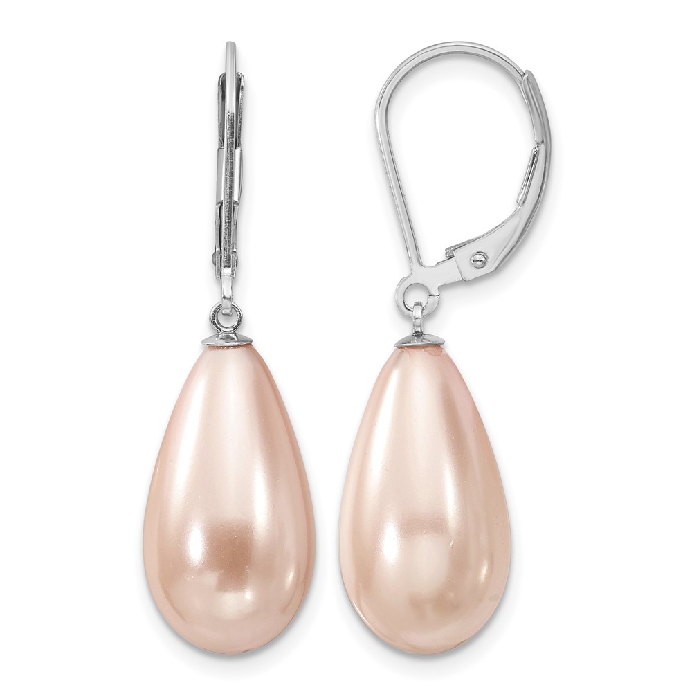 Majestik Sterling Silver Rhodium-plated 10x 18mm Teardrop Pink Imitation Shell Pearl Leverback Dangle Earrings