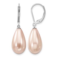 Majestik Sterling Silver Rhodium-plated 10x 18mm Teardrop Pink Imitation Shell Pearl Leverback Dangle Earrings view 1