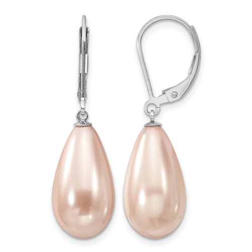 Majestik Sterling Silver Rhodium-plated 10x 18mm Teardrop Pink Imitation Shell Pearl Leverback Dangle Earrings