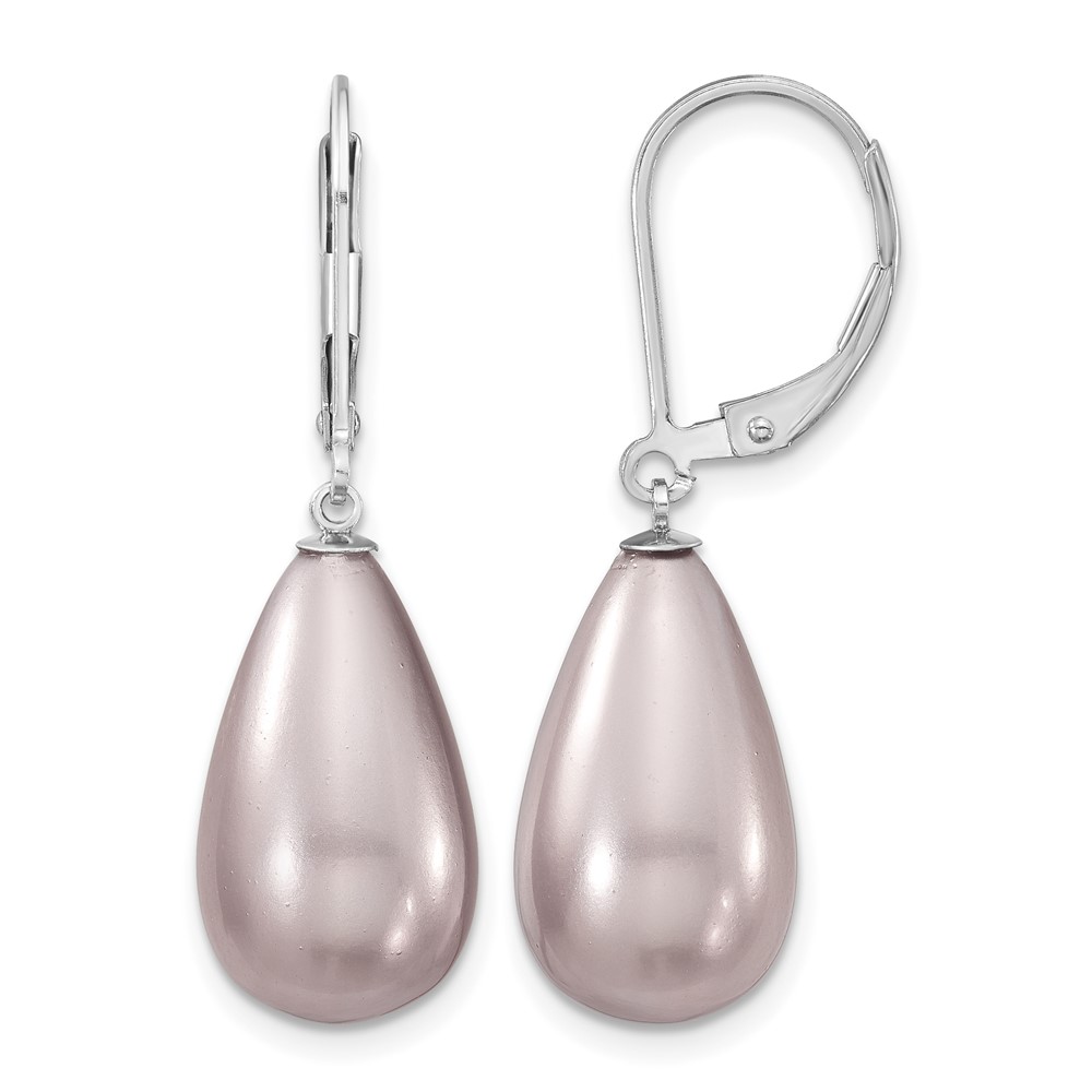 Majestik Sterling Silver Rhodium-plated 10x 18mm Teardrop Purple Imitation Shell Pearl Leverback Dangle Earrings