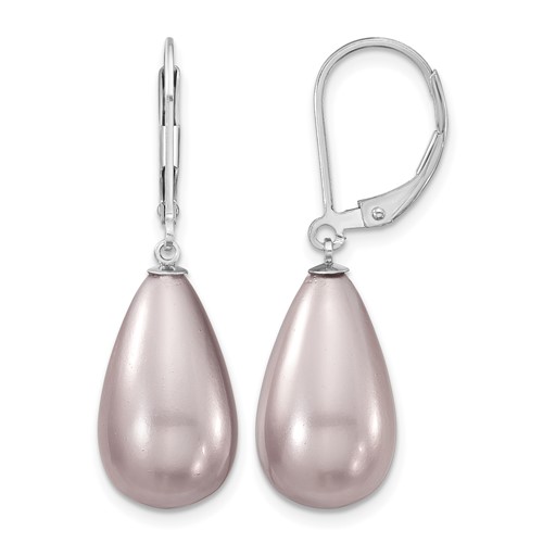 Majestik Sterling Silver Rhodium-plated 10x 18mm Teardrop Purple Imitation Shell Pearl Leverback Dangle Earrings